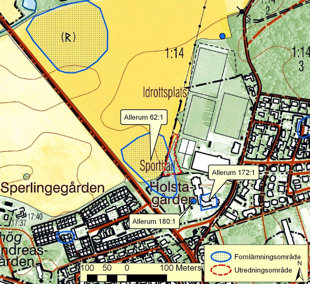 Fig. 4. Utredningsområde och fornlämningar inlagda på utdrag ur Fastighetskartan i skala 1:5 000.