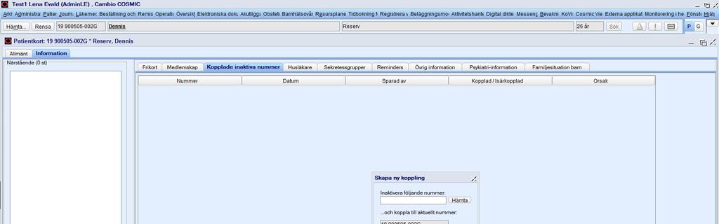 1.7 KOPPLA PERSON-/RESERVNUMMER Finns flera nummer på en patient ska de kopplas till det nummer som fortsättningsvis ska vara aktivt. Undantag kan förekomma t ex. vid könsbyten.