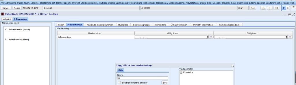 1.6 PATIENTENS MEDLEMSKAP Om medlemskap Under flik Information - underflik Medlemskap finns uppgifter om patientens medlemskap.