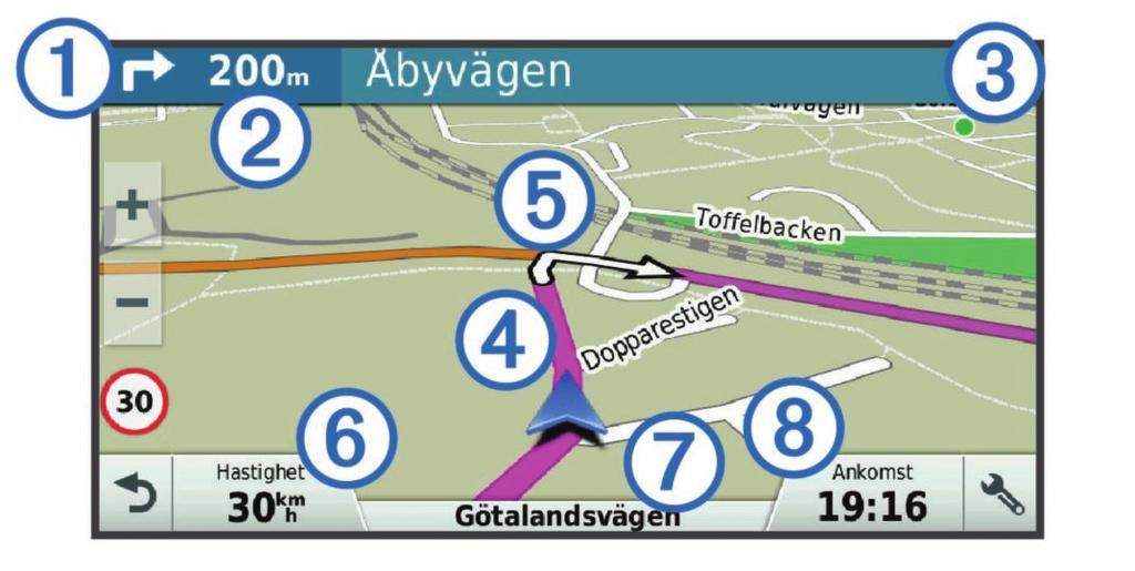 Långsammare trafik: Enheten spelar upp en signal och visar avståndet till långsammare trafik när du närmar dig långsammare trafik med en högre hastighet.