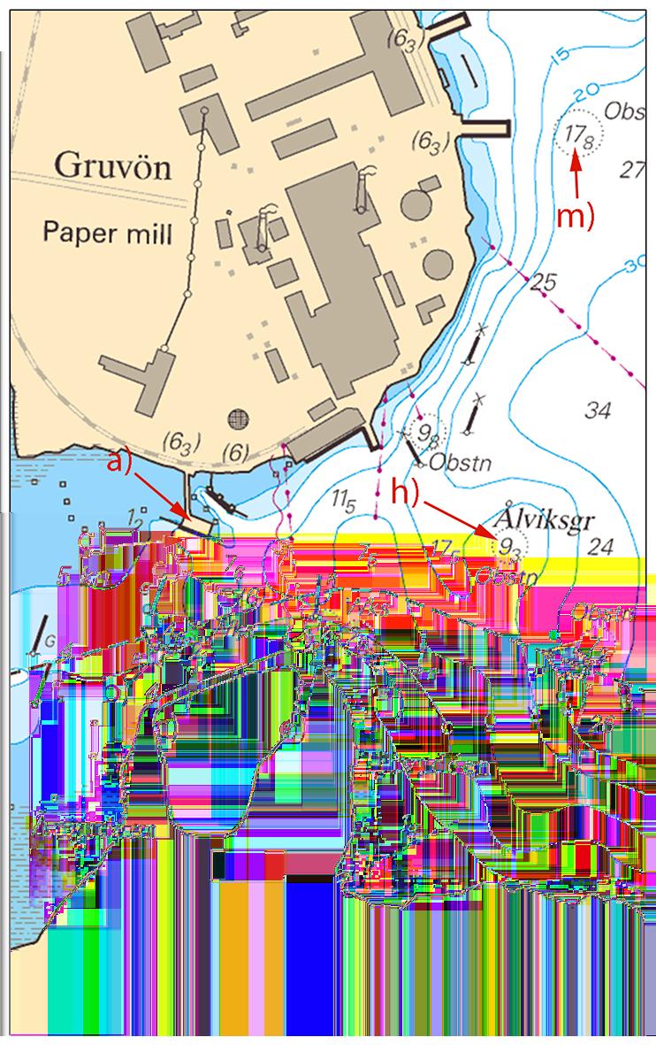 2015-01-15 11 Nr 529 Inför kaj a) 59-20,12N 013-06,99E enligt sjökortsbild Inför vrak, 4,6m b) 59-20,016N 013-06,959E Inför vrak, 2,1m c) 59-19,997N 013-07,005E Inför djupkurva, 6m d) 59-20,049N