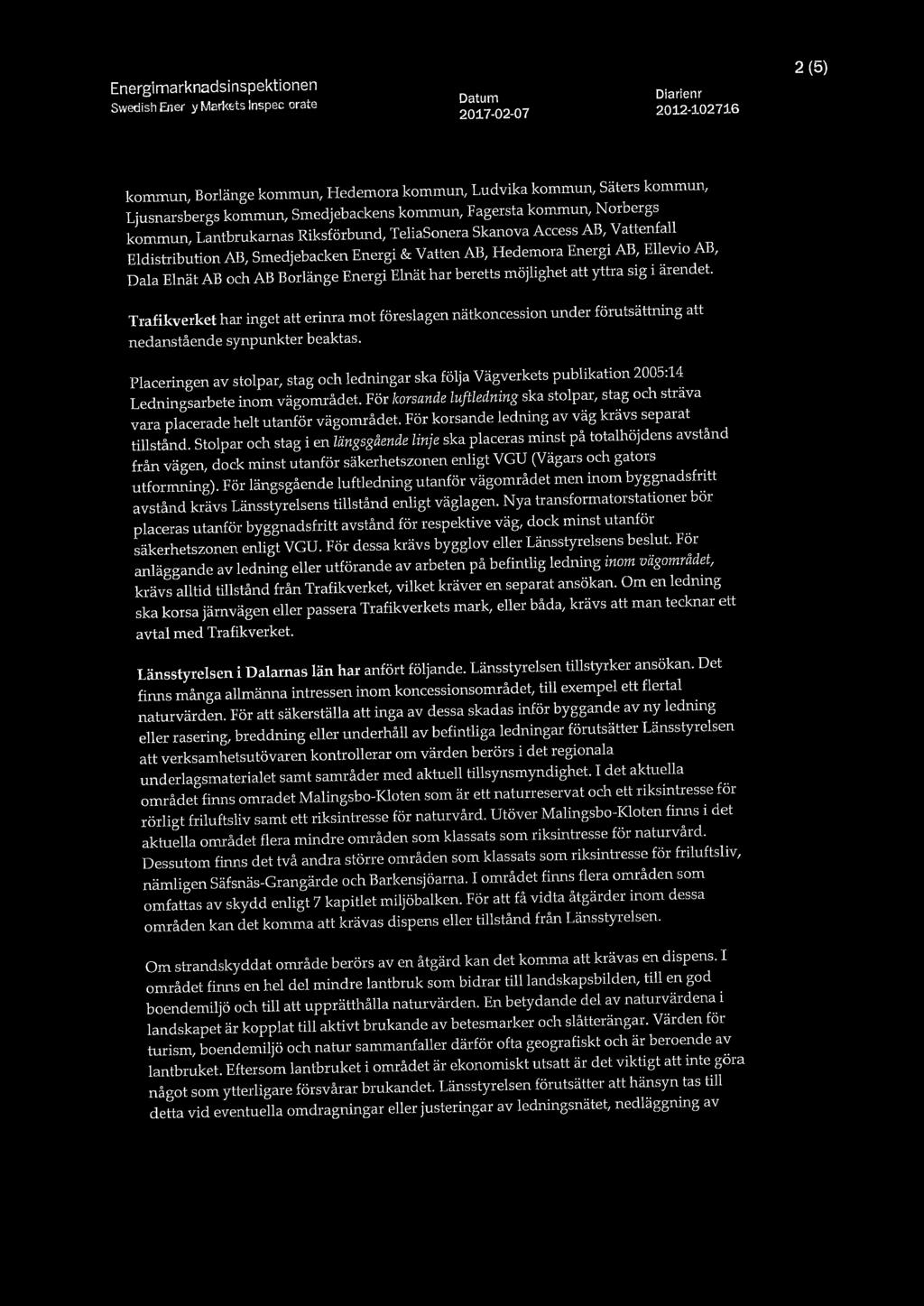 1 I, Energlmarknadslnspektlonen 2 (5) I Swedish Energy Markets lnspectorate Datum Diafiem kommun, Borlänge kommun, Hedemora kommun, Ludvika kommun, Säters kommun, Ljusnarsbergs kommun, Smedjebackens