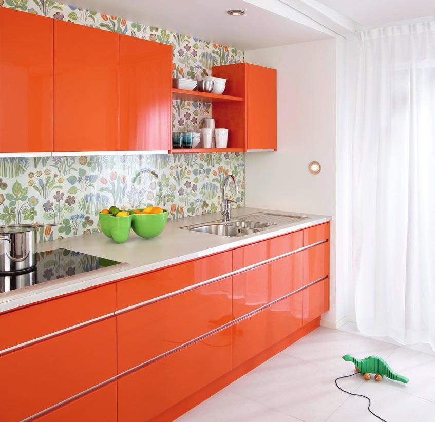44 BALLINGSLÖV KÖK LINE Orange högblank LUCKA: Line är en slät målad lucka med grepplist. BÄNKSKIVA: Laminat 7927, 30 mm. DISKBÄNK: Franke CPX 651. BLANDARE: Eurosmart, Grohe. VITVAROR: Siemens.