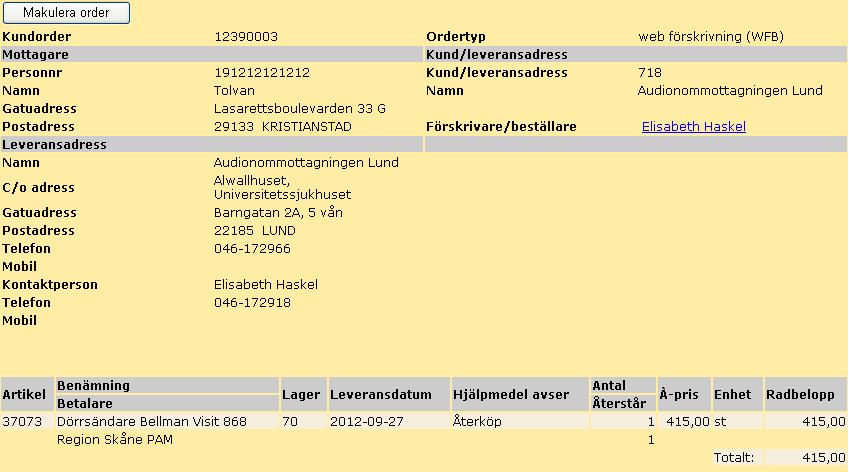 41 6.2 Makulera kundorder Det går att makulera en öppen kundorder, så länge ingen inköpsorder eller någon plocklista hunnit skapas.