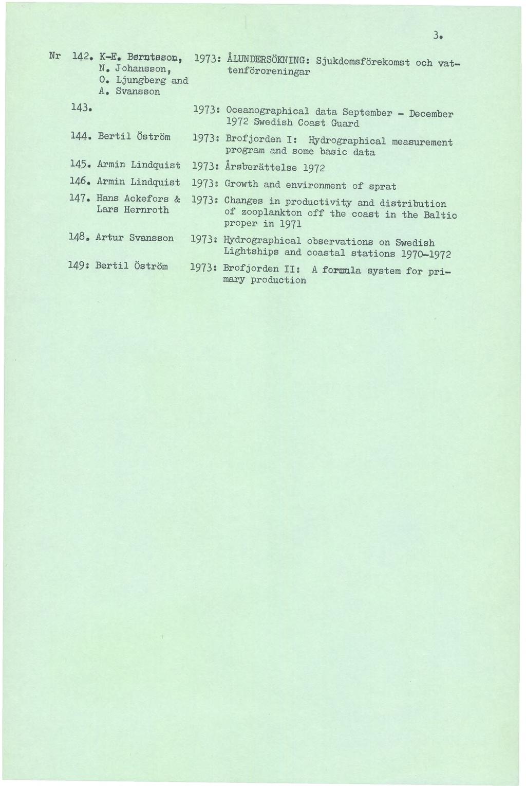 Nr 142. K-E. Berntssoa, 1973: ÅLONDERSÖKNING: Sjukdomsförekomst och vat- N, Johansson, tenföroreningar O. Ljungberg and A, Svansson 143. 144. Bertil Öström 145.