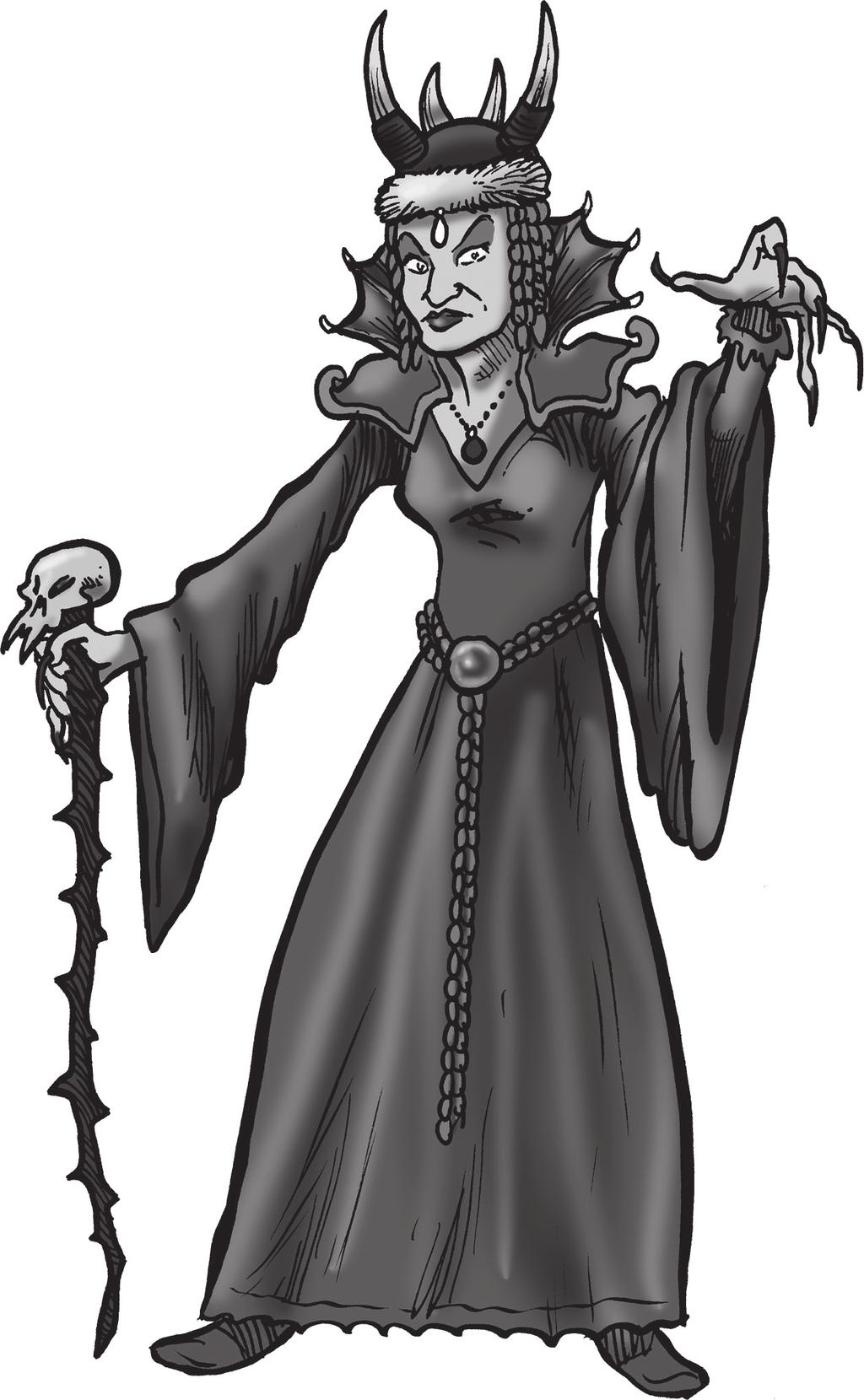 Morticia, häxmästarinna 6 6 5 Liv Utrustning: Magisk stav, magisk amulett (gör bäraren immun mot förtrollningarna Betvinga, Glömska och Sanning).