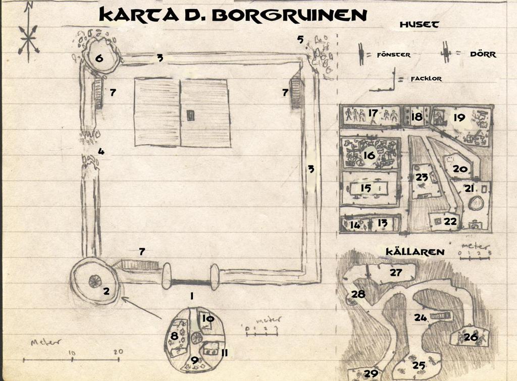 13. Förråd Överblick: Ett ca 3x2 meter stort rum. Mot västra väggen står ett skåp. Mitt på golvet står en tunna. Dolda ting: I skåpet ligger några oljiga trasor samt lite flinta och stål.