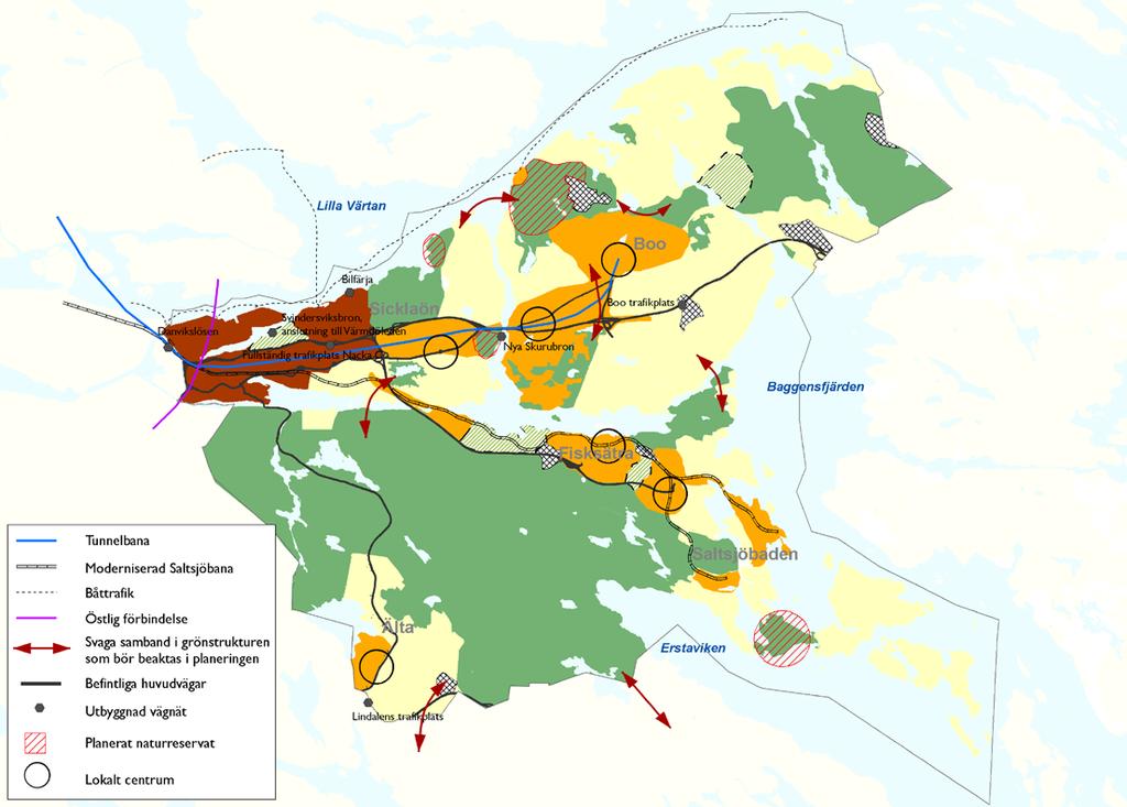 Mark- och vattenanvändning Tät stadsbebyggelse Till exempel bebyggelse som Järla sjö och Hammarby sjöstad. Inriktningen är hus på fyra-sex våningar, men högre hus kan vara lämpliga i vissa områden.