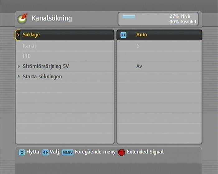 26 Kanalsökning Kapitel 4 Kanalsökning Då du anslutit digitalboxen måste du utföra en kanalsökning. 4.1 Sökning efter sändningstjänster För att utföra en kanalsökning, väljer du menyn Installation > Kanalsökning.