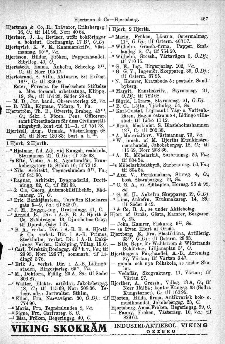 ,. 'I I I Hjertmau. & CoHjortsberg. 487 Hjertman.& Co, R., Träva'ror,jEriksbergsg. 1 Hjort; 2 Hjorth.. 16, O,; tlf 14198, Norr 4064.. 1"''".. Hjertner, J., L.