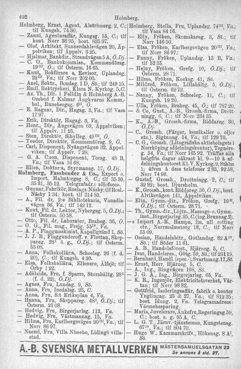 492 Holmberg. Holmberg, Ernst,.Agent, AIströmerg.2, C.; lholmberg, Stella, Fru, Uplandsg, 74III, Va.; tlf Kungsh, 74,30. '. tlf Vasa 8416. Zanni, Agenturaffär, Kungsg. 55, C.