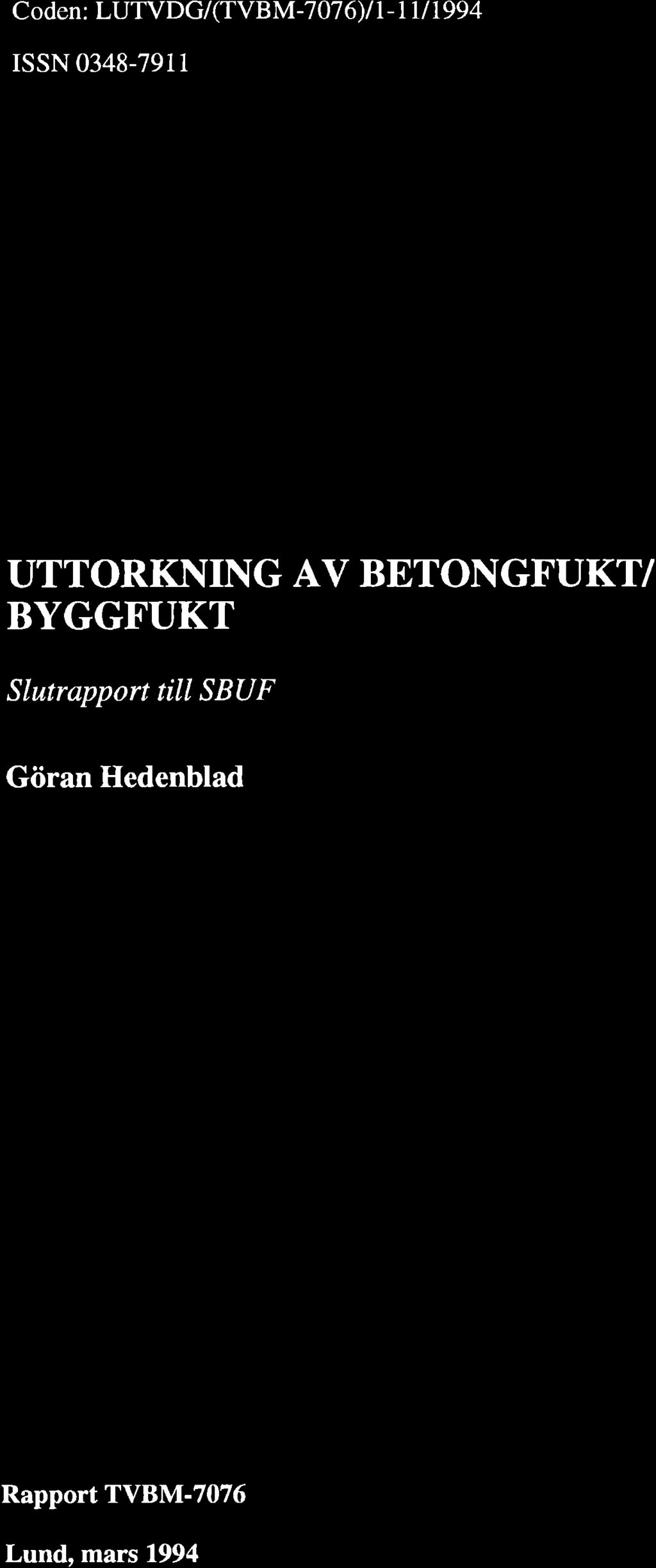 Cden: LUTVDG/(TVBM707 6)l I I Il 199 4 rssn 034879t1 UTTORKNING AV