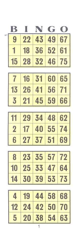 Toppbrickor Toppbrickan är en snabbspelad bingobricka med 3 rader och 15-nummer. Brickorna levereras i ark om 5 brickor med alla nummer 1-75.
