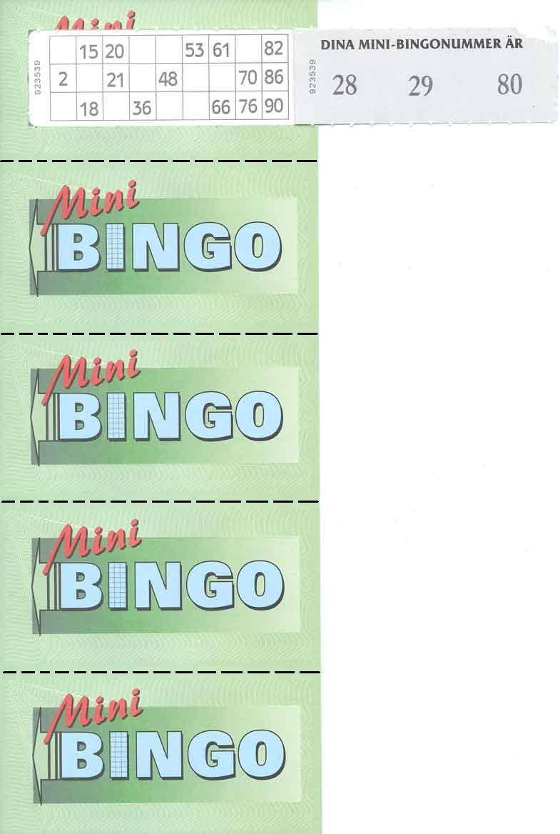 Minibingo. Minibingo levereras i satser om 1.000 brickor med 5 brickor per remsa. Perforering mellan brickorna.