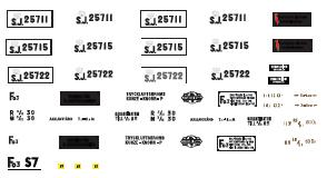 Komplett ark, se sid 19 Nr 3815 Pris 90 kr Post och resgodsvagn F52 Nr 7248 Pris 85 kr Linjer till postvagnar, Längd 280 mm. Gul och blå våtdekal.