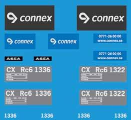 Nr 18658-P Pris 110 kr Rc6 - Connex Dekalsats för att märka upp Rc6 för Connex i den blå designen med nummer 1336 eller 1322 Nr 25803-P Pris 120 kr