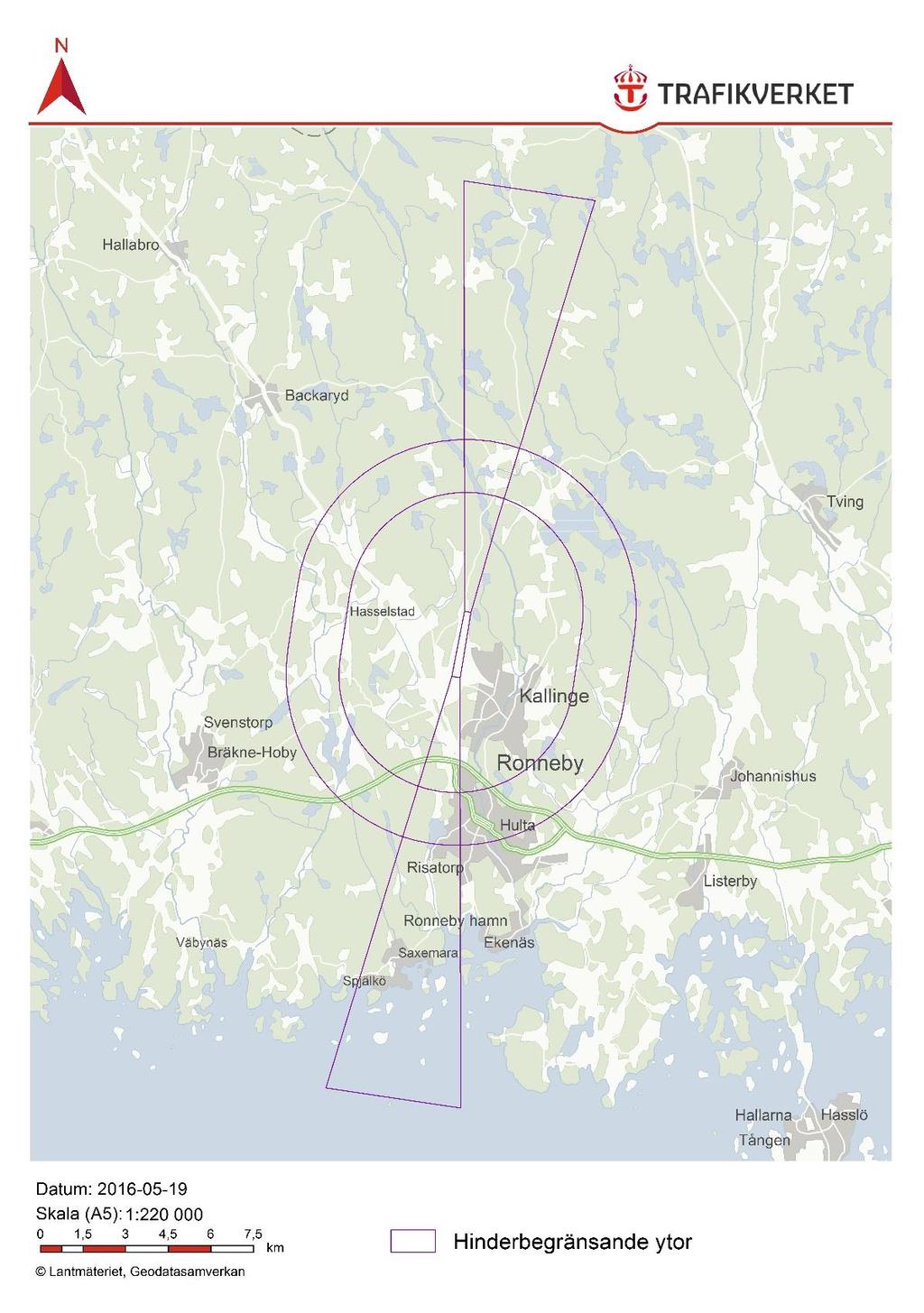 Figur 7 Den hinderbegränsande ytan vid Ronneby flygplats Procedurområden och MSA-ytor Trafikverket har bedömt att procedurområden och MSA-ytor inte är avgörande för riksintresset, men områdena