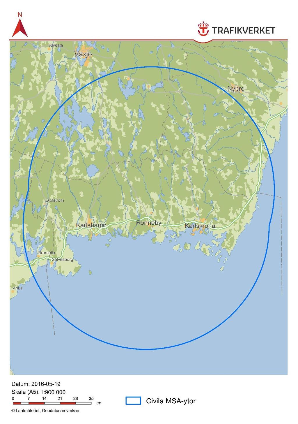 Figur 9 Sammanlagda MSA-ytor vid Ronneby flygplats En arbetsgrupp med deltagare från Trafikverket, Swedavia AB, LFV (Luftfartsverket) och Svenska Regionala Flygplatser AB (SRF) har tagit fram ett