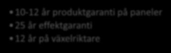 Driftkostnaden är i princip 0 kr/år Livslängd på minst 30 år Garanti 10-12 år produktgaranti på paneler 25 år effektgaranti 12 år på växelriktare Återbetalningstid