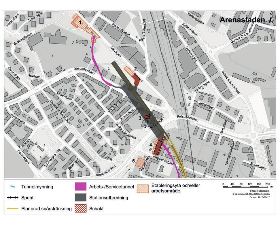 3.5 Norra Haglund och Arenastaden Vid station Arenastaden kommer det att behövas arbetsområden och etableringytor ovan mark, se Figur 11.