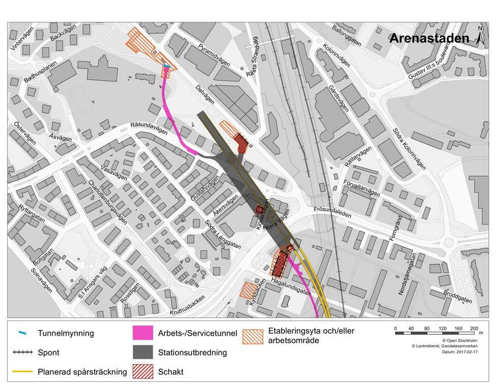 Figur 17. Mark kring Station Arenastaden som tas i anspråk under byggskedet som arbetsområden och etableringsytor. 3.