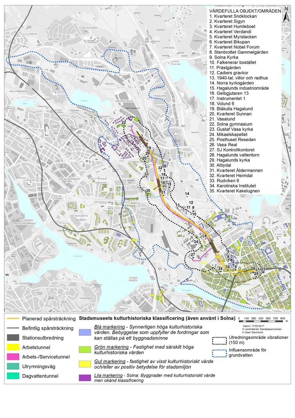 Figur 24. Stockholms stadsmuseums klassificering av bebyggelsens kulturhistoriska värden i Stockholm samt kulturhistoriskt värdefulla miljöer och bebyggelse i Solna.