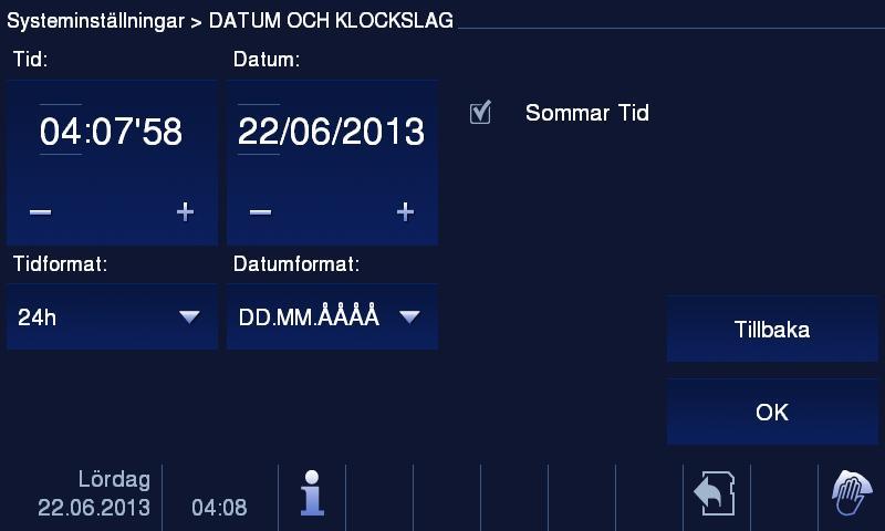 5.2.12.12 Datum och tid 7 6 5 1 2 4 3 Fig. 34 Datum och tid Menyn "Bildskärmsinställningar" har följande funktioner: Nr Funktioner 1 Tid - Välj formatet för tiden som visas via den nedfällbara menyn.