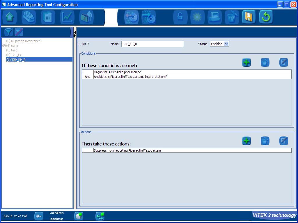 Action type (Åtgärd): Välj Suppress Antibiotic / Test from Reporting; Välj Piperacillin / Tazobactam 7.
