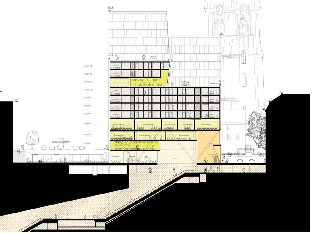Figur 5. Ett tvärsnitt av byggnaden från Klarabergsgatan (vänster i bild) till Klara vattugränd (vänster i bild).