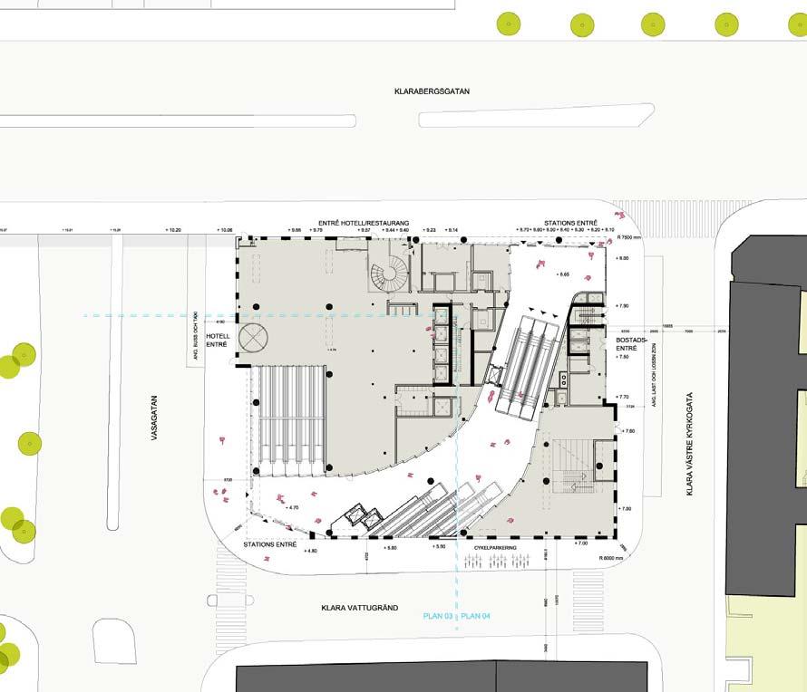 Figur 7. Situationsplan. För att förbättra entrésituationen vid stationens båda entréer har en förskjutning av fasadlivet inom fastigheten studerats.