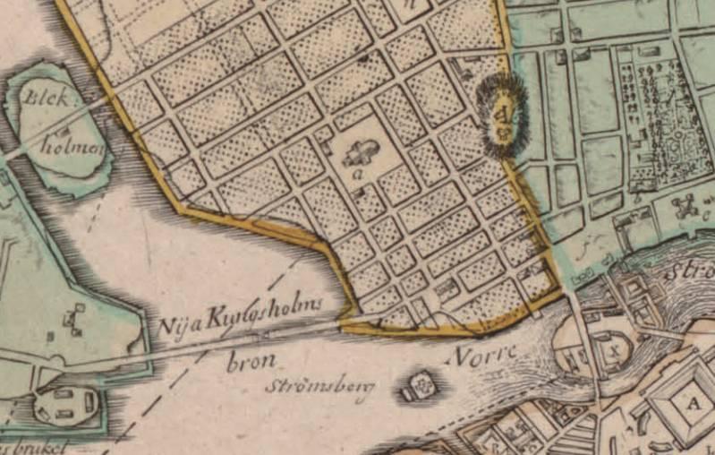 Figur 11. 1751 års karta över Stockholm (från Stockholmskällan). Rutnätsstaden enligt 1600-talets ideal är långt utvecklad på Nedre Norrmalm. Röd ring markerar läget för Orgelpipan 6.
