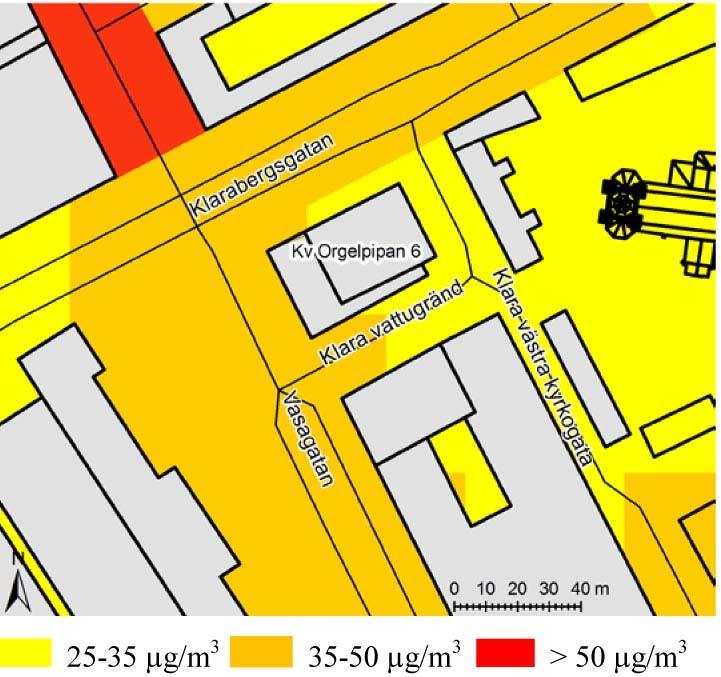 Figur 33 Nuläge år 2012. Medelhalt av partiklar PM10 under det 36:e värsta dygnet, 2 meter ovan gatunivå. Vasagatan Beskrivning: 25 000 fordon per vardagsmedeldygn. Tung trafik 8 %.