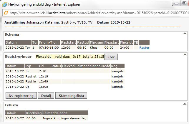 I kolumnerna Arbtid och Flex kan man se dag för dag hur mycket som är arbetstid och om det gett minus eller plus på flexen, samt summeringar för vald period.