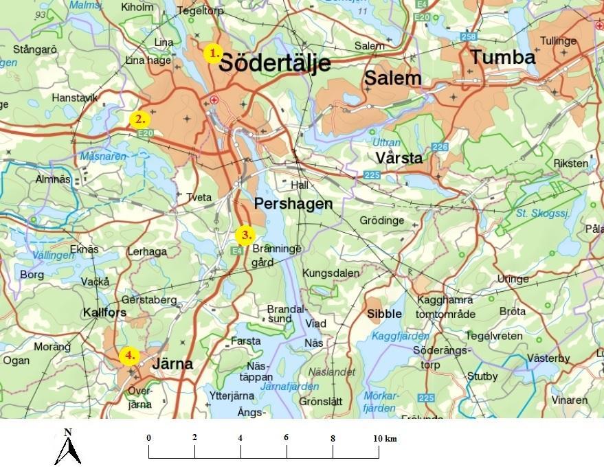 samt avgöra om granulatet kunde migrera därifrån vidare till dagvattensystemet. Urval av konstgräsplaner gjordes slumpartat geografiskt, men med förbehåll att de innehöll SBRgranulat (figur 4).
