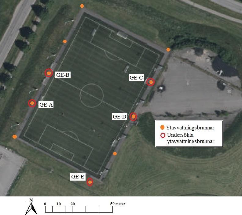 Figur 16. Visualisering av Geneta Sportfält och undersökta ytavvattningsbrunnar. Bearbetad av Karin Widström med ortofoto från lantmäteriet som underlag. Lantmäteriet I2014/00691 6.3.