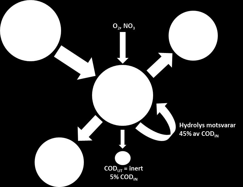 Ett annat sätt att visualisera detta redovisas i Figur 2 7. Mängden COD som benämns hydrolyserbart antas hydrolyseras anaerobt, anoxiskt eller oxiskt under uppehållstiden i bioprocessen.