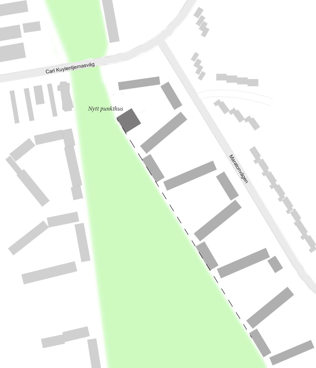 BEBYGGELSE Gestaltning För att det nya punkthuset ska förankras på platsen och vara en del av helheten ska husets placering anpassas efter den befintliga bebyggelsen och ta upp de linjer som bildas