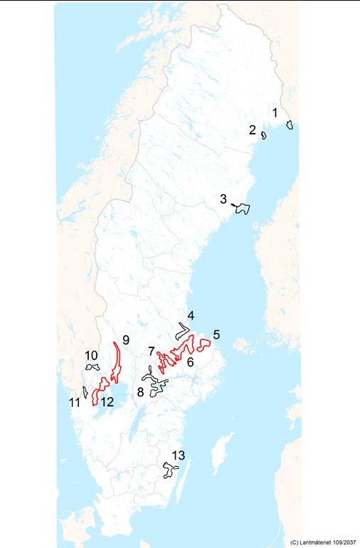 Tabell 1. Fokustrakter och övriga värdetrakter under programperioden 2017 2021. Numreringen refererar till kartan i figur 6. Fokustrakter Berörda län 5. Forsmark C 6. Dalälven C, X, U, W 7.