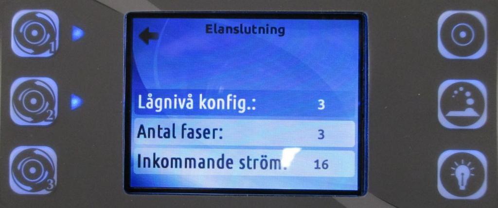 Dimension One elanslutnings konfiguration. - Tryck på Inställningsknappen - Tryck på NER knappen till Elanslutning är markerad. - Tryck på PUMP 2 knappen som nedan.