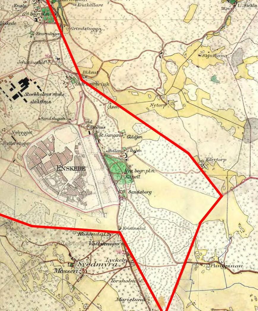Johanneshof Blåsut Häradsekonomisk karta 1901-1906 (1909) Enskedes ägor Stora Gungan Vårt område-