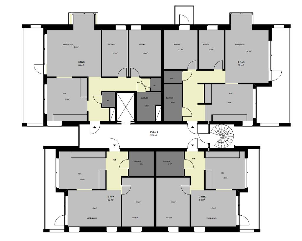 Bostadshus mot nordväst Bostäder är utformade som 3:or varav hälften av boningsrummen ej får tillgång till en skyddad sida (högst 55 dba ekvivalent ljudnivå samt högst 70 dba maximal ljudnivå).