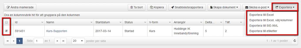 Man kan exportera, det gör man genom att markera utbildningen och klicka på knappen Exportera.