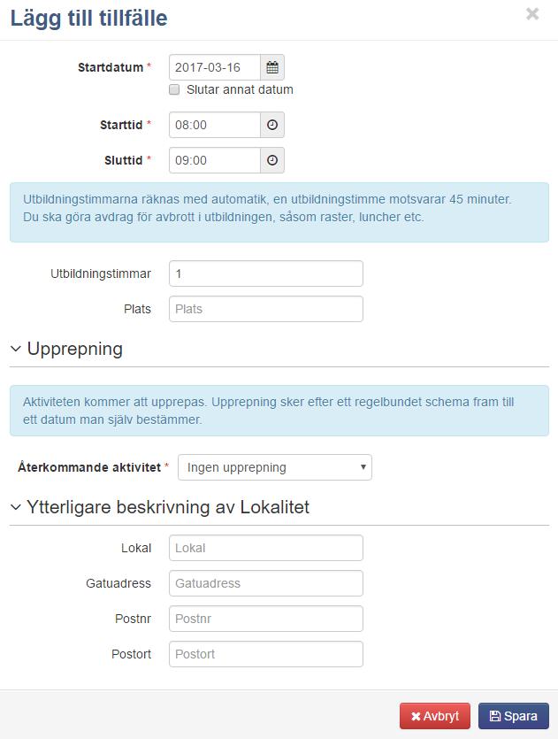 För att lägga till ett tillfälle så klicka på knappen + Lägg till tillfälle.