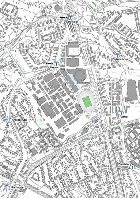 Situationsplan. Planen omfattar Stockholmsarenan samt en tillbyggnad till Quality Hotel Globe norr om och ett nytt kontorskvarter söder om arenan.