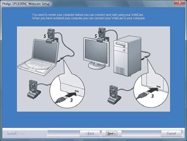 Eller: Om det är vissa objekt som du inte vill installera markerar du kryssrutorna framför de objekten. Välj som minimum WebCam Driver SPC630 och Philips CamSuite. 6 5. Klicka på knappen Next (nästa).