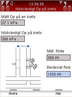 TA-SCOPE Problemlösning 5 Menyn Mäta flöde är öppen. Du kan ange konstruktionsflöde, byta ventiltyp och diameter, ange ventilinställning och definiera vätskan.
