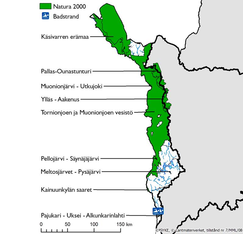 Bild 5.2.1. Till registret för skyddsområden valda Naturaområden och EU:s badstränder i Torne älvs vattenförvaltningsområde.