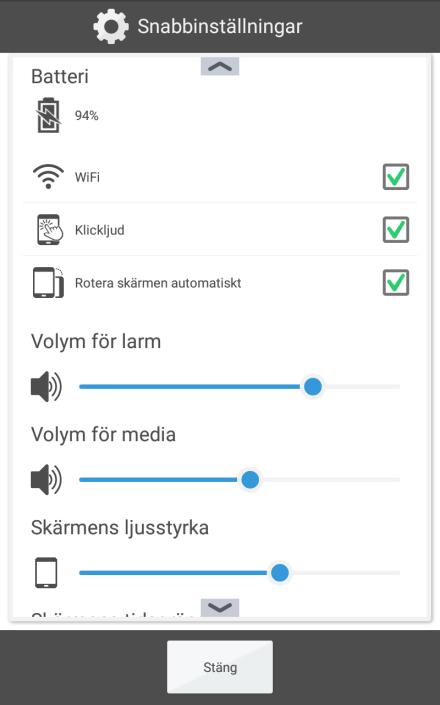 7. Snabbinställningar Från Snabbinställningar kan man göra ett urval enkla inställningar för enheten. Man behöver scrolla på sidan för att se alla inställningar. Överst visas batteriets status. WiFi.