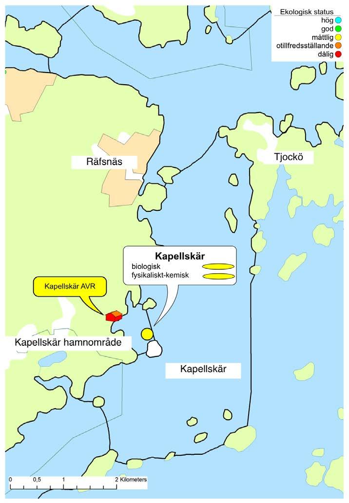 Kapellskärs hamnområde Kapellskärs hamnområdes yta upptar 0,5 km2. Vattenförekomsten omfattar vattenområdet innanför och mellan Kapellskärsskäret och Saltholmen.