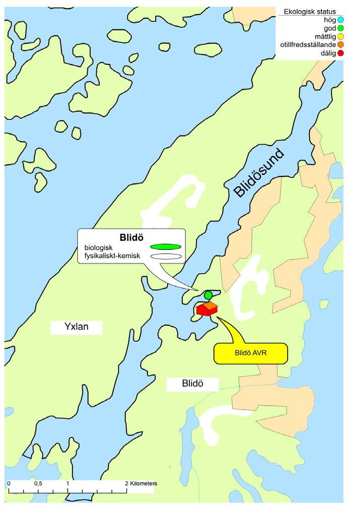 Blidösund Vattenförekomsten Blidösund är belägen mellan Yxlan och Blidö och upptar en yta av 5,9 km2. I figur 82 visas Blidö avloppsreningsverk och den provpunkt där undersökningar utförts.